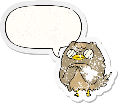 Tatlı çizgi film bilge yaşlı baykuş konuşma baloncuğu ile sıkıntılı eski bir çıkartma bir insan tarafından çizilmiş