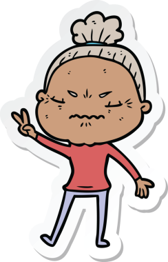 Çizgi film çıkartması. Bir insan tarafından çizilmiş yaşlı bir kadın.