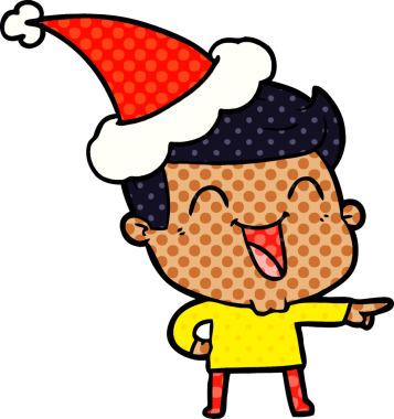 Bir insanın çizdiği Noel Baba şapkasıyla gülen bir adamın el çizimi çizgi roman tasviri.