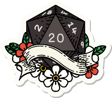 Bir insan tarafından çizilmiş 20 D20 zarının çıkartması.