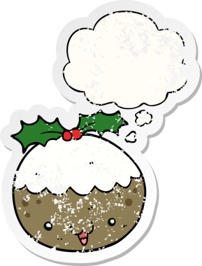 Düşünce baloncuklu tatlı çizgi film pudingi insan tarafından çizilmiş yıpranmış bir çıkartma.