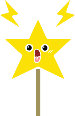 Bir insan tarafından çizilmiş sihirli değneğin düz renkli retro karikatürü