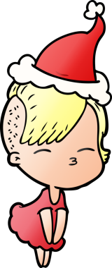 Bir insan tarafından çizilmiş Noel Baba şapkası giyen şaşı bir kızın el çizimi karikatürü.