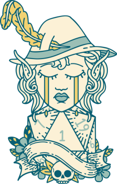 Retro Dövme Tarzı Ağlayan Elf karakter yüzü Bir insan tarafından çizilen d20 zar ile