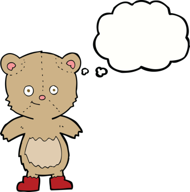 Bir insan tarafından çizilmiş düşünce baloncuklu şirin oyuncak ayı.