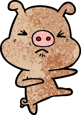 Çizgi filmdeki kızgın domuz bir insan tarafından tekmeleniyor.