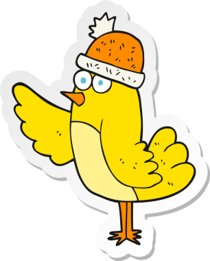 Bir insan tarafından çizilmiş şapka takan çizgi film kuşunun çıkartması.