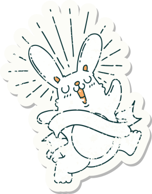 Dövme stili eski bir çıkartma. Bir insan tarafından çizilmiş zıplayan tavşan.