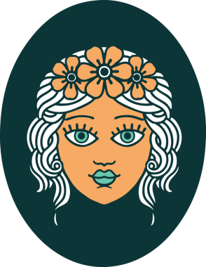 İkonik dövme stili. Bir insan tarafından çizilmiş çiçek tacıyla bir bakire resmi.