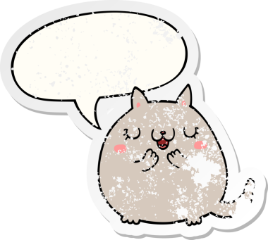 Konuşma baloncuğu olan sevimli bir kedi, bir insan tarafından çizilmiş sıkıntılı eski bir çıkartma.