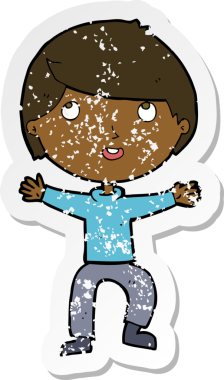 Bir insan tarafından çizilen mutlu çocuk çizgi filminin kederli retro yapıştırması.