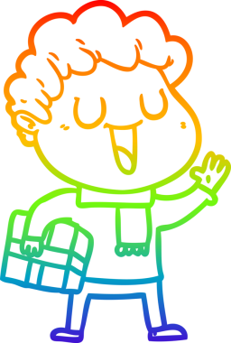 Gökkuşağı gradyan çizimi. Gülen bir çizgi film adamı. Yanında bir insan tarafından çizilmiş.