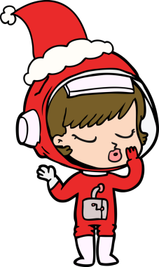 Bir insan tarafından çizilmiş Noel Baba şapkası giyen güzel bir astronot kızın el çizimi.