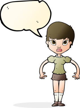 Bir insan tarafından çizilen konuşma baloncuğundan rahatsız olan bir karikatür kadın.