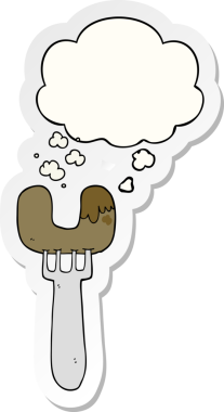 Düşünce baloncuğu insan tarafından çizilmiş bir çıkartma gibi çatal üzerinde çizgi film sosisi.