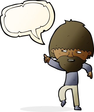 Çizgi film sakallı adam bir insan tarafından çizilmiş konuşma balonuyla işaret ediyor ve gülüyor.