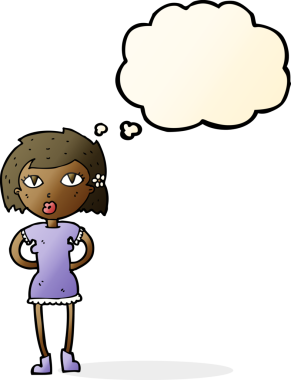 Bir insan tarafından çizilmiş düşünce baloncuğu olan çizgi film kadını.