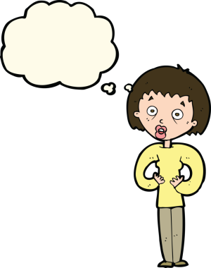 Bir insan tarafından çizilmiş düşünce baloncuğuyla kendine el kol hareketi yapan karikatür kadını.