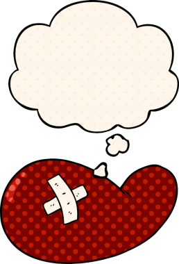 Çizgi roman tarzında bir insan tarafından çizilmiş düşünce kabarcığı olan yaralı safra kesesi.