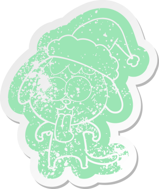 Bir insan tarafından çizilmiş Noel Baba şapkası takan bir köpeğin garip bir karikatürü.