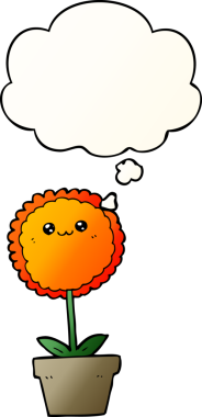 Düşünce baloncuğu olan karikatür çiçeği bir insan tarafından çizilmiş.