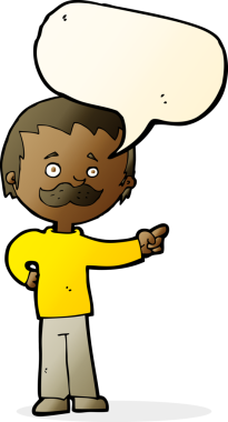 Çizgi filmdeki bıyıklı adam bir insan tarafından çizilmiş konuşma balonuyla işaret ediyor.