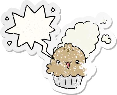 Konuşma baloncuğu olan şirin bir çizgi film pastası bir insan tarafından çizilmiş sıkıntılı eski bir çıkartma.