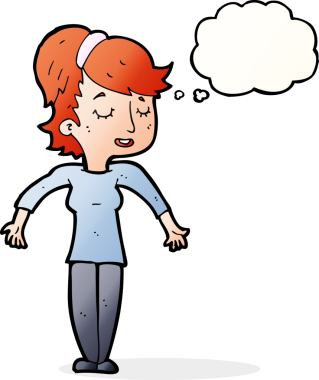 Bir insan tarafından çizilmiş düşünce baloncuğuyla omuz silken çizgi film dostu bir kadın.