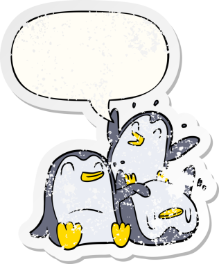 çizgi film mutlu penguenler konuşma baloncuğu bir insan tarafından çizilmiş sıkıntılı eski bir çıkartma