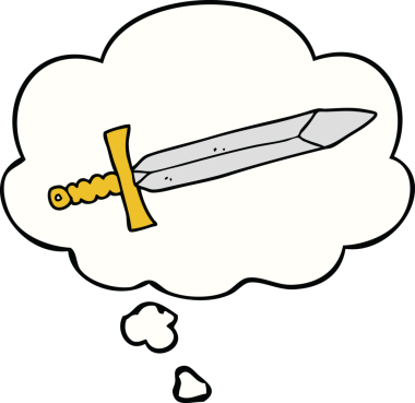 Bir insan tarafından çizilmiş düşünce baloncuklu çizgi film kılıcı.