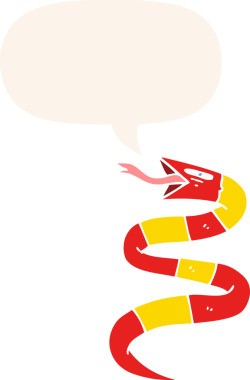 Bir insan tarafından çizilmiş eski usul konuşma balonlu tıslayan çizgi film yılanı