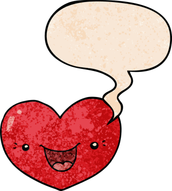 Karikatür, insan tarafından çizilmiş eski dokuda konuşma baloncuğu olan kalp karakterini sever.