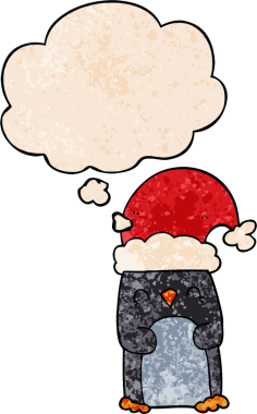 Bir insan tarafından çizilmiş grunge desenli düşünce baloncuklu penguen çizgi filmi.