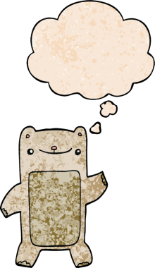 Bir insan tarafından çizilmiş grunge desenli düşünce baloncuklu çizgi film oyuncak ayısı.