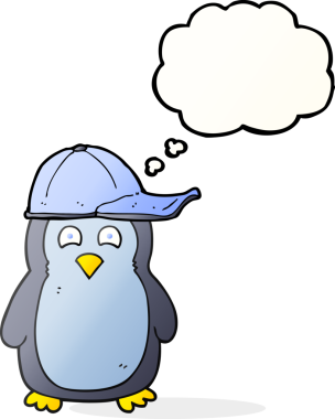 Bir insan tarafından çizilmiş serbest çizim baloncuk penguen şapkası.