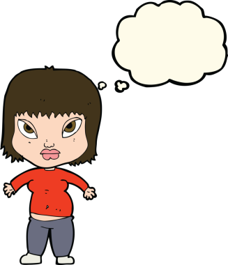 Düşünce baloncuğu bir insan tarafından çizilmiş kilolu kadın çizgi filmi.