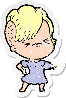 Bir insan tarafından çizilmiş sinirli bir hippi kızın sıkıntılı çıkartması.