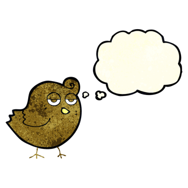 Bir insan tarafından çizilmiş düşünce baloncuklu çizgi film kuşu.