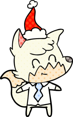 Bir insan tarafından çizilmiş Noel Baba şapkası giymiş bir tilkinin el çizimi çizgi roman tasviri.