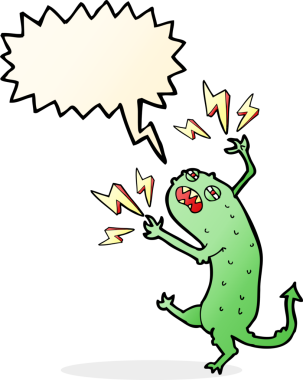 Bir insan tarafından çizilmiş konuşma balonu olan küçük bir canavar.