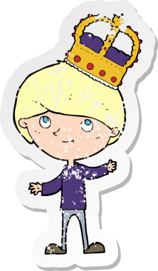 Bir insan tarafından çizilmiş taç giyen bir çizgi film karakterinin sıkıntılı retro çıkartması.