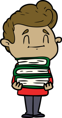 Bir insan tarafından çizilmiş bir yığın yeni kitabı olan mutlu çizgi film adamı.