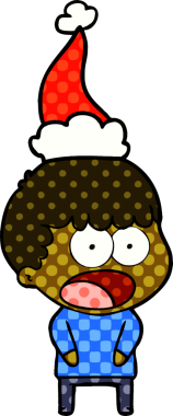 Bir insan tarafından çizilmiş Noel Baba şapkası giyen şok olmuş bir adamın el çizimi çizgi roman çizimi.