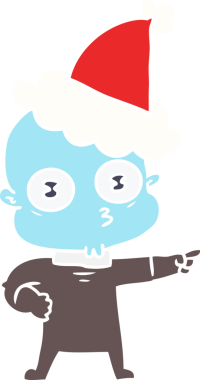 Bir insan tarafından çizilmiş Noel Baba şapkası giyen kel bir uzaylının el çizimi düz renk çizimi.