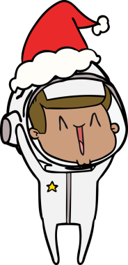 Bir insan tarafından çizilmiş Noel Baba şapkası giyen bir astronotun çizdiği mutlu el çizimi.