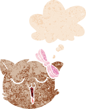 Düşünce baloncuklu çizgi film kedisi yüzü bir insan tarafından çizilmiş dertli retro dokuma tarzı