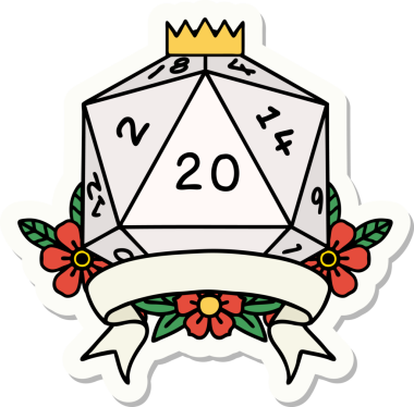 Bir insan tarafından çizilmiş 20 kritik vuruşluk D20 zar etiketi.