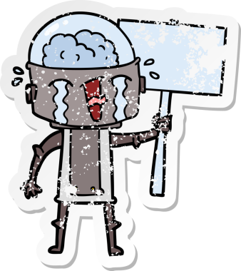 Bir insan tarafından çizilmiş, ağlayan robot el sallayan bir çizgi film çıkartması.