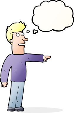 Bir insan tarafından çizilen düşünce baloncuğuyla işaret eden çizgi film adamı.