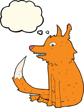 Bir insan tarafından çizilmiş düşünce baloncuğuyla oturan tilki.